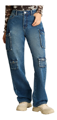 Jeans Tiro Alto Cargo Azul Mujer Moda Denim Básicos
