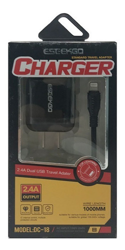 Imagen 2 de 4 de Cargador Qc3.0 De Carga Rapida 2 Usb Eseekgo Lightning Color Negro