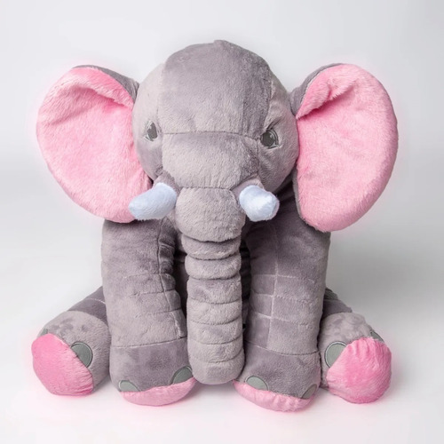 Travesseiro Elefante Pelúcia Almofada Bebê 60cm Cor Cinza C/rosa