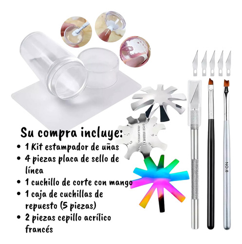 Kit 9pzs Estampador De Sellos Para Uñas Raspador Decoración
