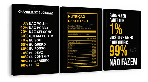 Kit 3 Quadros Grandes Frases Motivacional Escritório Modern Cor Preto Cor da armação Preto