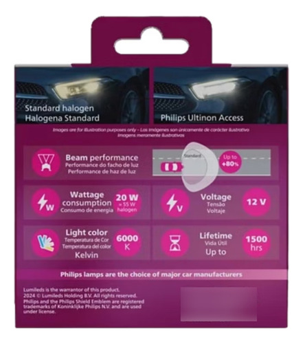 Par Lâmpada Led Philips Ultinon Access H4 H19 6000k Nano 1:1