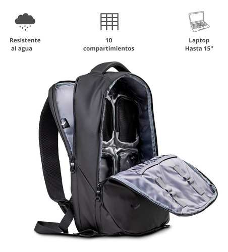 Mochila Impermeable Para Notebook Con Organizadores Color Negro Diseño de la tela Liso