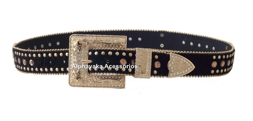 Imagem 2 de 4 de Cinto Feminino Preto Country Fivela Ponteira Passador Strass