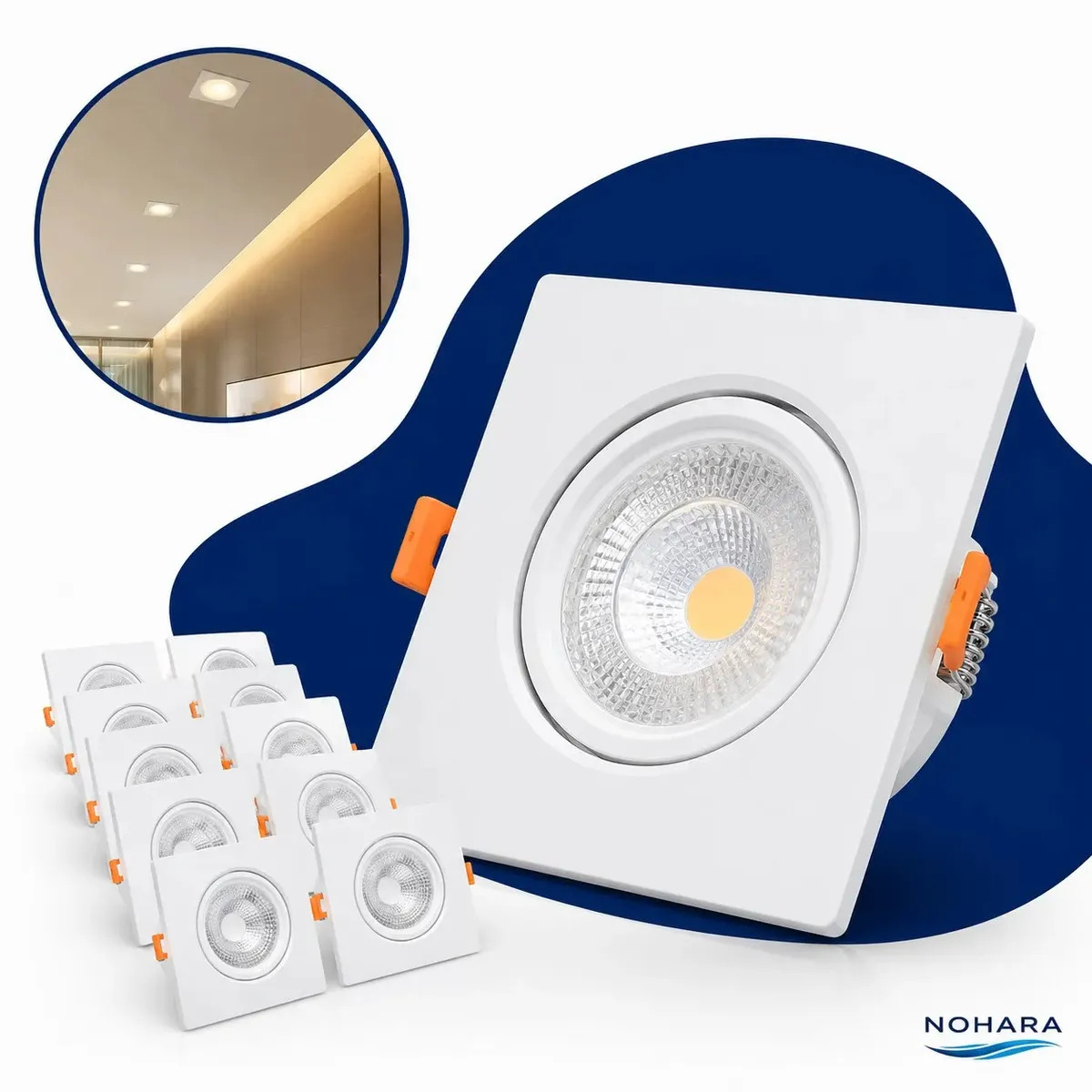 Kit 10 Spots LED de Embutir Quadrados NOHARA 7W para Teto de Gesso, Luz Branca Fria