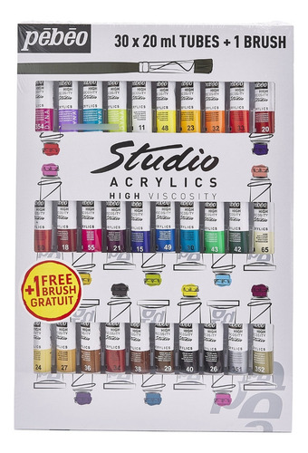Acrílico Pebeo Studio Set 30 Colores 20ml + Pincel