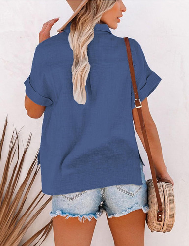Womens Short Sleeve Cotton Button Down Up Shirt Collared V