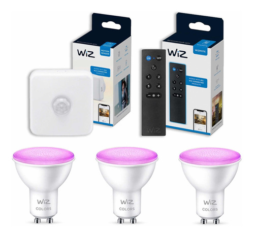 Wiz 3 Ampolletas Color Gu10 + Control + Sensor De Movimiento