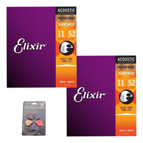 Elixir Phosphor Bronze 11-52 Cuerdas Guitarra Acústica 16027 2pcs