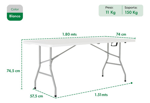 Mesa Plegable Camping 180 Cm Gardenlife + 4 Sillas Plegables