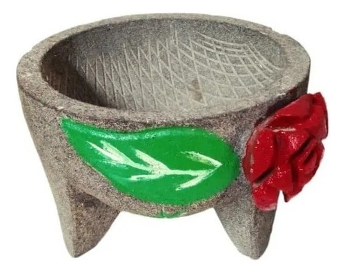 Molcajete Artesanal Con Rosa Elegante Piedra Volcánica 25cm