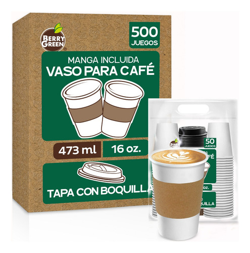 Berry Green 500 vasos desechables para café 16 oz (473 ml) con tapa y manga protectora resistentes sin derrames biodegradables ideales para bebidas calientes
