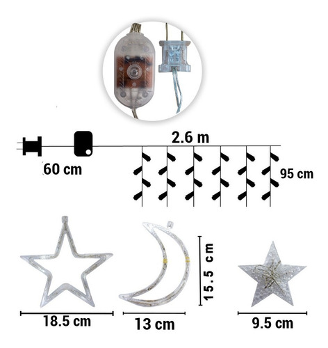 Cortina De Luces Led Cálida Luces Lunas Y Estrellas 2.6 Mts