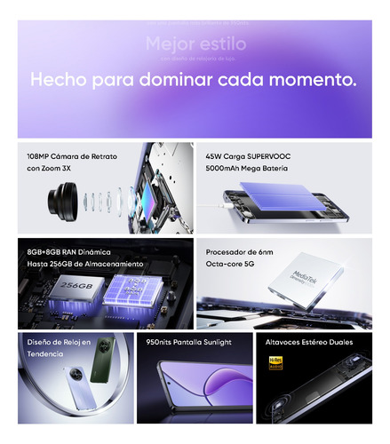 Realme 12 5g 512gb 8gb Ram Violeta Dual Sim 45w Carga Supervooc Procesador Mediatek Dimensity 6100+ Cámara Ultra Clara De 108mp Nfc