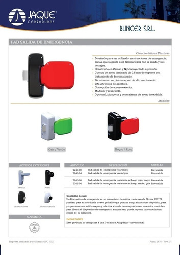Imagen 6 de 6 de Antipanico Jaque Pad C/ Manija Acceso Exterior Sin Llave