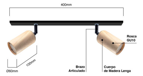 Aplique Techo Barral Spot Dos Luces Madera 40cm Apto Led Demasled