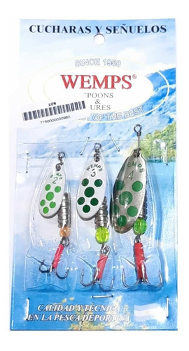 Kit Cucharas Giratorias Wemps #2 #3 Y #4 Tarucha Trucha Color Silver Verde