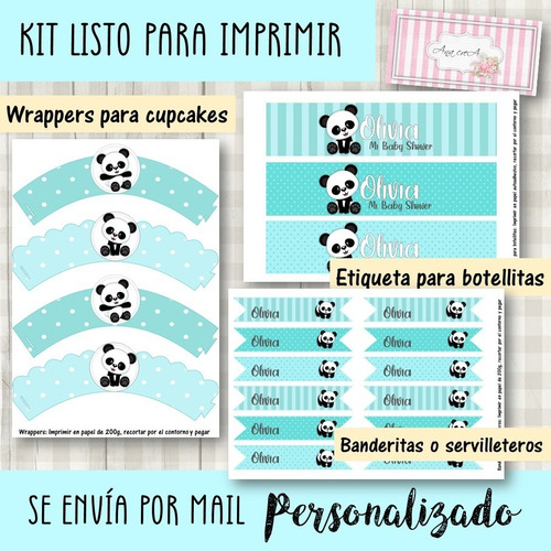 Kit Imprimible Osito Panda Mod.8 Verde Agua Deco Y Candy Bar