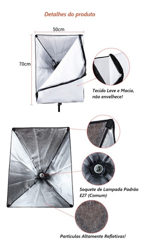 Kit Softbox 50x70 Luz Contínua E27 C/ Tripé 2m Estúdio Foto