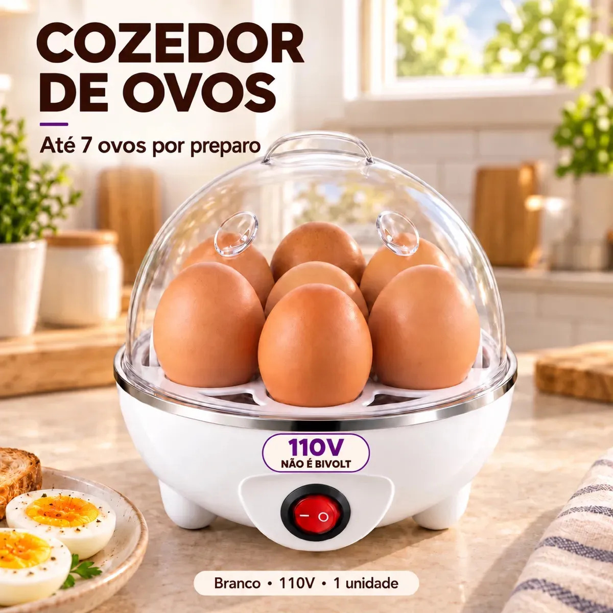 Cozedor De Ovos Elétrico Portatil Branco 110v Cozinhar A Vapor Legumes 7 Ovos Com Desligamento Automático 127v