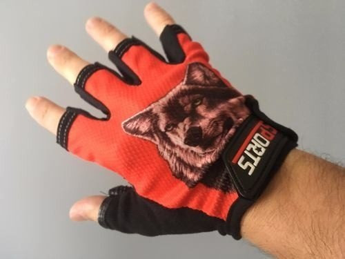 Guantes Para Moto O Bici, Dedos Cortados Diseño Lobo Rojo