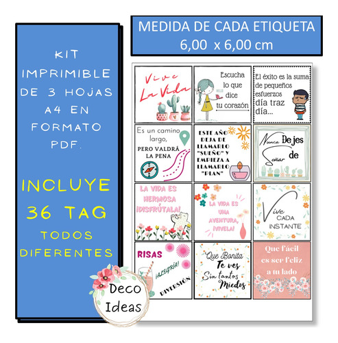 Kit Imprimible 01 Frases Color Stikers Tag Topper Emprender