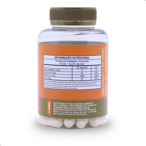 Vitamina C 1000mg D3 2000UI Zinco 180 Cápsulas Imunidade