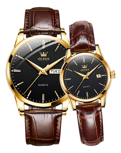 Olevs Business Leather Quartz 2 Piezas Relojes Para Parejas Color Del Fondo Oro/negro