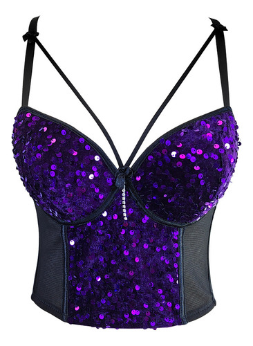 Bustier Crop Negro Bordado Con Lentejuelas Y Terciopelo