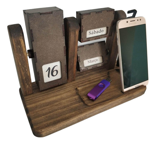 Calendário Permanente De Mesa -porta Celular E Porta Canetas