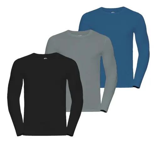 Kit 3 Camiseta Manga Longa Masculina Segunda Pele Blusa Slim Preto - Cinza - Azu