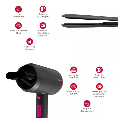 Rca Combo Alaciadora Plancha De Cabello Y Secadora 1900w