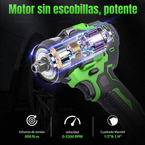 Pistola Impacto Llave Inalámbrica 1/2 600 Nm Con 2 Baterías 2 En 1 Con 24 Cuentas De Lámpara Led Merion MER+BS+600