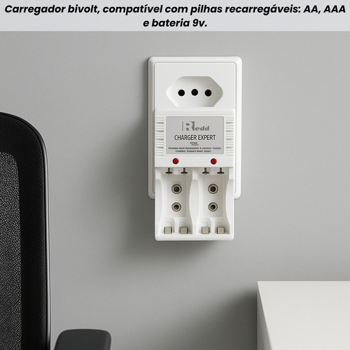 Kit 8 Pilhas Aa Recarregáveis + Carregador Automático, Compatível Com Pilhas Aa, Aaa E Bateria 9v, Bivolt 110/ 220v - Redd