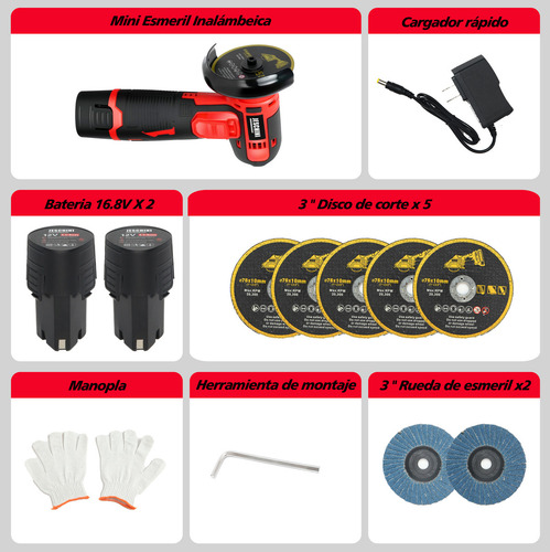 Esmeril Angular Mini Esmeriladora Inalámbrica Esmeril Pulido Lijadora Amoladora + 2 Baterías Rojo