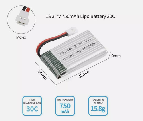 Bateria Lipo 750mah 1s 3.7v 30c Rc Heli Avion