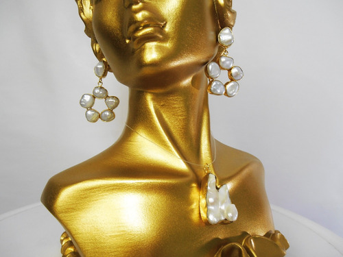 Aretes Dije Anillo Pulsera Con Perlas Barrocas Chapa De Oro