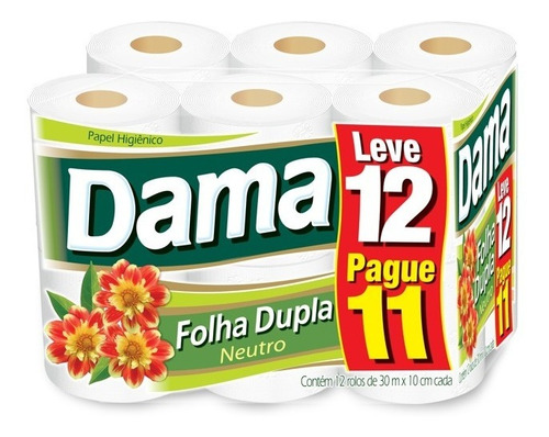 Papel Higiênico Dama Folha Dupla Neutro Textura Lisa 12 Rolos 30 Metros