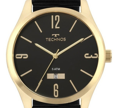 Relógio Technos Masculino Dourado Couro Clássico 2115mzk/0p Cor da correia Preto Cor do fundo Preto