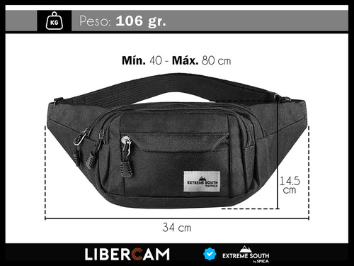 Riñonera Bandolera Urbana Spica Rri-00 Impermeable 4 Cierres Color Negro Diseño De La Tela Lisa