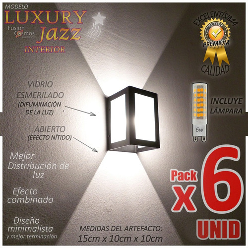 Aplique Pared Moderno Interior C/ Lampara Led 6w Pack X6unid