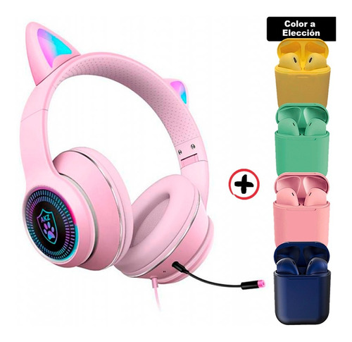 Auricular Gaming Cat Con Luz + Auri Inalambricos Bde