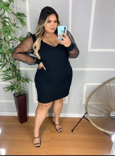 Imagem 2 de 4 de Vestido Preto Plus Size Malha Canelada Manga Poá 46 Ao 54