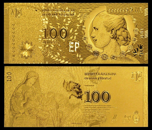 Argentina Billete 100 Pesos De  Evita Bañado En Oro 