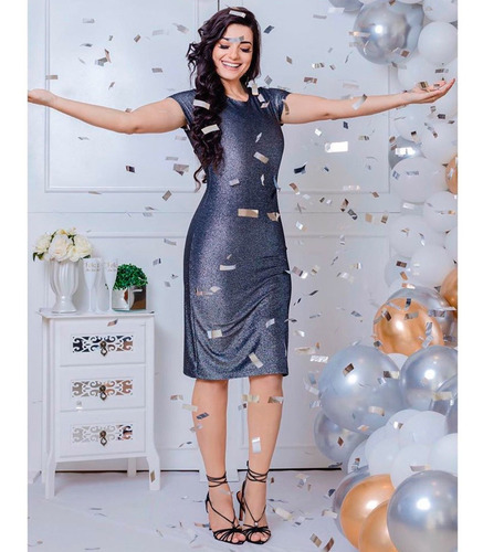 Vestido Tubinho Midi Moda Evangelica Feminina Lurex Brilho