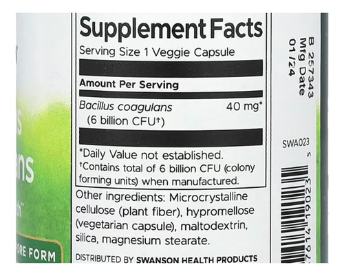 Swanson Bacillus Coagulans 6 Mil Millones Ufc 60vcaps Sabor Sin Sabor