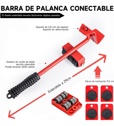 4 Bases Con Llantas Y Mini Gato Para Mover Cosas Pesadas 4 Ruedas para Mover Muebles Pesazdos, Base para Mover Muebles Pesados, Adecuado para Sofás y Refrigeradores, hasta 150 kg