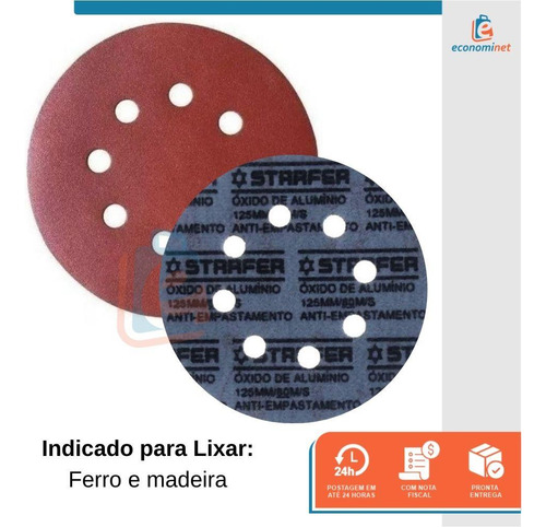 Kit 50 Un Disco De Lixa Velcro Ferro Starfer 125mm Grão 100