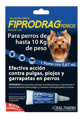 Pipeta Fiprodrag Antipulga Perros Hasta 10 Kg 0,67 Ml