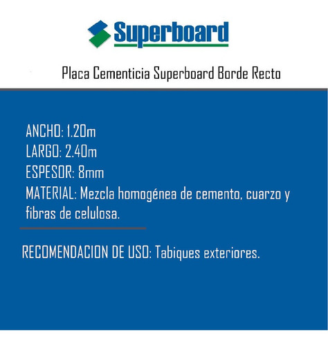 Placa Cementicia Superboard Exterior 8 Mm 1,20 X 2,40